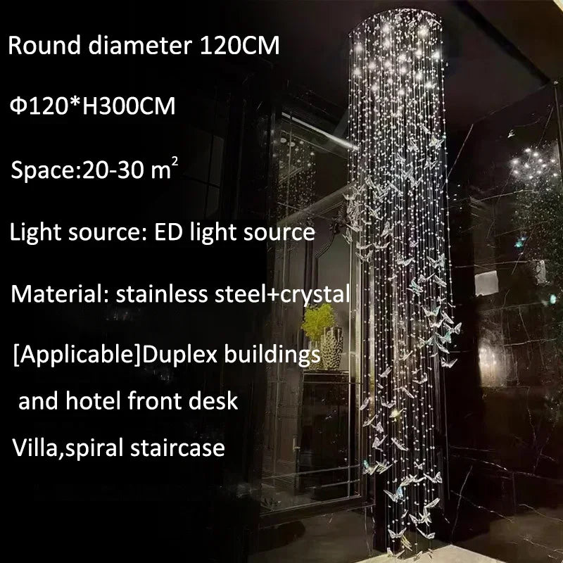 Staircase Hanging Lamp Modern Luxury Crystal Loft Apartment Villa Chandelier Duplex Living Room Rotating Butterfly Pendant Light