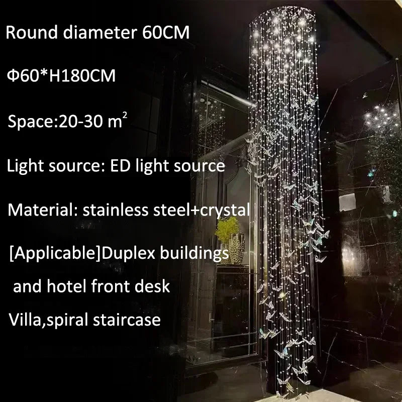 Staircase Hanging Lamp Modern Luxury Crystal Loft Apartment Villa Chandelier Duplex Living Room Rotating Butterfly Pendant Light