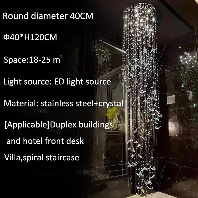 Staircase Hanging Lamp Modern Luxury Crystal Loft Apartment Villa Chandelier Duplex Living Room Rotating Butterfly Pendant Light