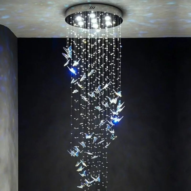 Staircase Hanging Lamp Modern Luxury Crystal Loft Apartment Villa Chandelier Duplex Living Room Rotating Butterfly Pendant Light
