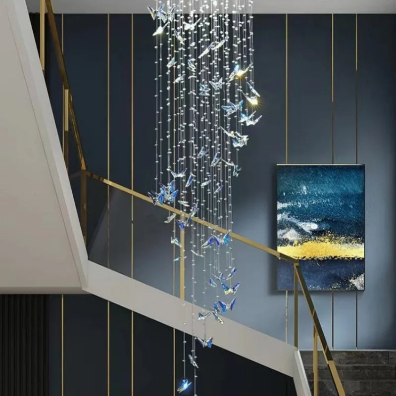 Staircase Hanging Lamp Modern Luxury Crystal Loft Apartment Villa Chandelier Duplex Living Room Rotating Butterfly Pendant Light