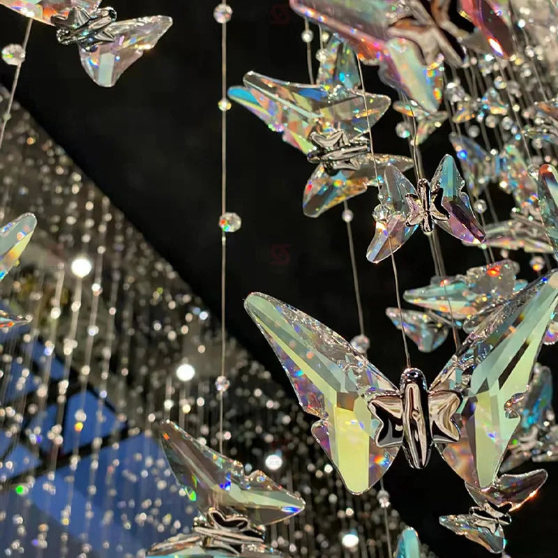 Staircase Hanging Lamp Modern Luxury Crystal Loft Apartment Villa Chandelier Duplex Living Room Rotating Butterfly Pendant Light