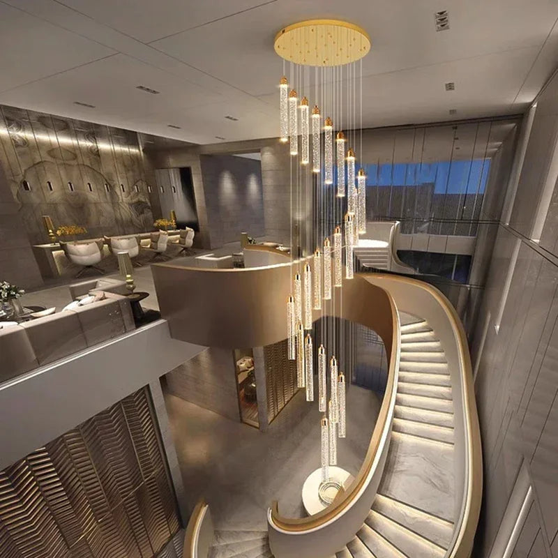 Multi-column Gold Light Luxury Duplex Large Chandelier Crystal Rotating Loft Villa Rotating High Staircase Long Chandelier
