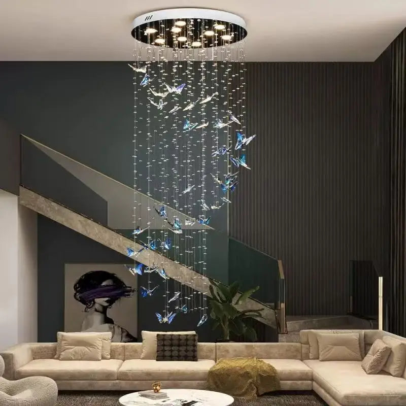 Staircase Hanging Lamp Modern Luxury Crystal Loft Apartment Villa Chandelier Duplex Living Room Rotating Butterfly Pendant Light